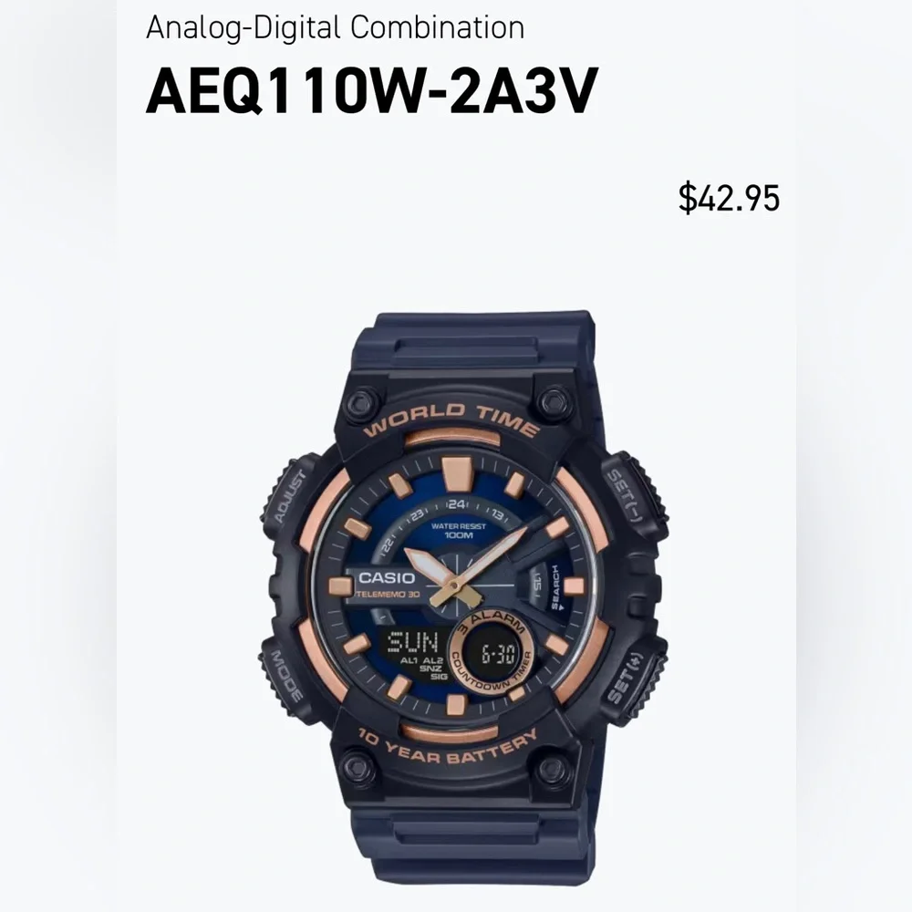 Casio World Time AEQ110W-2A3V NWT Box and Papers. Black and Rose Gold - Picture 1 of 2